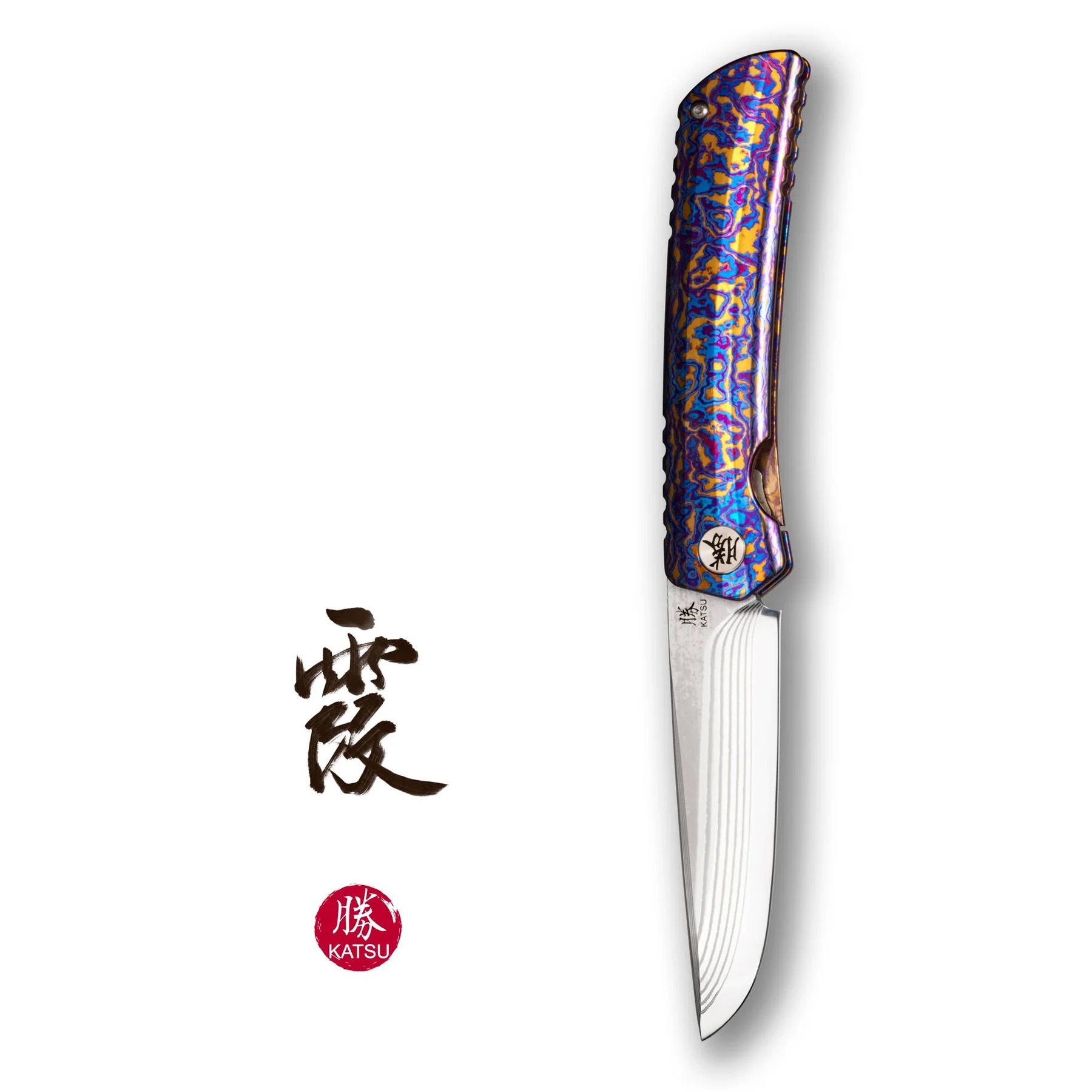 KATSU JT01 fixed blade knife with titanium and carbon fiber handle and leather sheath